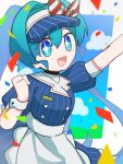  1girl apron arm_up blue_dress blue_eyes blue_hair buttons confetti cowboy_shot double-breasted dress hatsune_miku highres l0x_xol long_hair looking_at_viewer mesmerizer_(vocaloid) name_tag puffy_short_sleeves puffy_sleeves short_sleeves solo sparkling_eyes twintails very_long_hair visor_cap vocaloid white_apron 