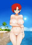  1girl bare_shoulders beach bikini blue_sky boudica_(fate) breasts cleavage collarbone covered_nipples earrings fate/grand_order fate_(series) green_eyes highres jewelry kunabishi large_breasts looking_at_viewer navel palm_tree red_hair shore short_hair short_ponytail sky smile solo swimsuit thighs tree white_bikini 