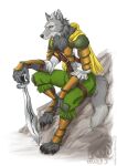 2020 4_toes anthro armor barefoot black_claws black_eyes black_nose border bottomwear breastplate canid canine canis cape claws clothing dipstick_tail eiyuden_chronicle feet frown fur garr_(eiyuden_chronicle) green_bottomwear green_clothing green_pants grey_body grey_fur grey_hair grey_inner_ear hair half-closed_eyes holding_melee_weapon holding_object holding_sword holding_weapon looking_at_viewer male mammal markings melee_weapon midriff narrowed_eyes orange_armor orange_clothing orange_topwear pants rikatieck shirt simple_background solo sword tail tail_markings toe_claws toes topwear weapon white_background white_border white_clothing white_shirt white_topwear wolf yellow_cape yellow_clothing yellow_sclera