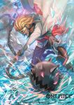  1boy bisaiiiii blonde_hair boots coat commentary_request copyright_name debris dreadlocks earrings headband holding holding_weapon ice jewelry long_mustache long_sleeves looking_at_viewer male_focus official_art one_piece one_piece_card_game open_mouth pants rakuyou red_sash sash sky solo weapon white_coat 