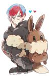  1girl backpack bag blue_hair blush brown_bag glasses grey_eyes highres hood hoodie kawasaki_(kwsk_8765) long_sleeves multicolored_hair open_mouth pantyhose penny_(pokemon) pokemon pokemon_sv red_hair round_eyewear short_hair shorts skirt two-tone_hair 