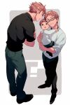  3boys aged_down black_footwear black_pants black_shirt blue_pants brothers brown_eyes brown_hair crossed_arms ear_piercing echo_(circa) father_and_son glasses itadori_jin itadori_yuuji jujutsu_kaisen long_sleeves multiple_boys pants piercing profile ryoumen_sukuna_(jujutsu_kaisen) shirt shoes short_hair short_sleeves siblings sleeves_rolled_up smile sweater white_background white_sweater 