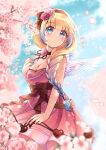  1girl angel_wings bare_arms black_choker blonde_hair blue_eyes blue_hair blush bow braid breasts brown_sash cherry_blossoms choker cleavage commentary_request dress embarrassed falling_petals flower flower_choker gradient_hair hair_flower hair_ornament hair_over_shoulder highres indie_virtual_youtuber long_hair long_sleeves medium_breasts mia_mikhail mia_mikhail_(vtuber) multicolored_hair outdoors petals pink_dress pink_flower pink_rose puffy_long_sleeves puffy_sleeves rose short_dress side_braid sleeveless sleeveless_dress solo square_neckline surprised virtual_youtuber waist_bow wings 