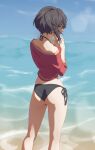  1girl absurdres ass bikini black_bikini black_hair closed_mouth from_behind halterneck highres kono_subarashii_sekai_ni_shukufuku_wo! megumin ocean off-shoulder_shirt off_shoulder outdoors profile red_eyes red_shirt shirt short_hair side-tie_bikini_bottom solo standing string_bikini swimsuit thighs ynnk_lc 