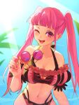  1girl aoisu_ao bikini breasts cleavage commentary_request fire_emblem fire_emblem:_three_houses fire_emblem_heroes highres hilda_valentine_goneril hilda_valentine_goneril_(summer) holding holding_removed_eyewear large_breasts long_hair looking_at_viewer navel official_alternate_costume one_eye_closed open_mouth outdoors pink-tinted_eyewear pink_bikini pink_eyes pink_hair round_eyewear smile solo stomach sunglasses sunlight swimsuit tinted_eyewear twintails twitter_username unworn_eyewear 