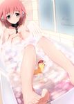  barefoot bathing bathtub blush breasts chain cleavage cuffs english eyebrows_visible_through_hair feet green_eyes hat highres ikaros large_breasts long_legs looking_at_viewer merry_christmas nude partially_submerged pink_hair rubber_duck santa_hat shackles short_hair solo sora_no_otoshimono tile_wall tiles toes xiao_ren 