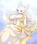  2024 anthro big_breasts biped blue_eyes breasts cleavage clothed clothing crossed_legs curvy_figure dress eyelashes female fur generation_5_pokemon hi_res hourglass_figure kemono legendary_pokemon legwear looking_at_viewer nintendo open_mouth open_smile pokemon pokemon_(species) pokemorph pose reshiram sbi_arki signature smile solo thick_thighs thigh_highs white_body white_clothing white_dress white_fur white_legwear white_thigh_highs 