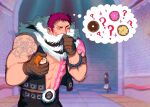  1boy abs bara blurry charlotte_katakuri cowboy_shot depth_of_field doughnut food hand_on_own_chin highres maid male_focus marc_antony_thinking_(meme) maren_(mewtides) meme merchandise mewiyev muscular muscular_male one_piece pants short_hair solo_focus standing stroking_own_chin tattoo thick_eyebrows thought_bubble underpec 