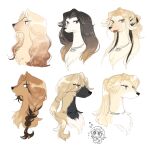  1boy 1girl afghan_hound androgynous black_eyes black_fur black_hair blonde_hair body_fur braid brown_eyes brown_fur brown_hair chibi chibi_inset closed_mouth commentary_request gradient_hair highres jewelry long_hair looking_at_viewer looking_to_the_side low_ponytail multicolored_hair multiple_views necklace open_mouth original ponytail portrait rata_(norahasu) red_eyes side_braid simple_background single_braid streaked_hair tongue tongue_out wavy_hair white_background white_fur 