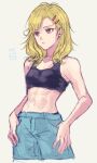  1other 24mbb alternate_costume alternate_hairstyle antenna_hair blonde_hair gnosia hair_between_eyes hair_ornament hairclip highres other_focus red_eyes setsu_(gnosia) short_hair shorts simple_background solo sports_bra translation_request white_background 