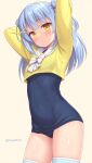  1girl blue_hair blush bow bowtie breasts covered_navel cowboy_shot crop_top highres original sasaame school_uniform serafuku simple_background small_breasts solo swimsuit thighhighs twitter_username white_bow white_bowtie yellow_eyes 