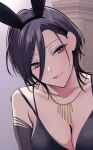  1girl animal_ears black_hair bramedb_(girls&#039;_frontline) breasts cleavage closed_mouth collarbone commentary fake_animal_ears girls&#039;_frontline hair_between_eyes jewelry mole mole_under_eye necklace pink_eyes rabbit_ears short_hair shoukaki_(earthean) smile solo upper_body 