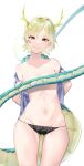  antlers blonde_hair blue_shirt breasts dragon_girl dragon_horns dragon_tail highres horns kicchou_yachie navel panties red_eyes shirt short_hair tail topless touhou turtle_shell underwear user_zxfe3742 yellow_horns 