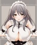  1girl artist_name azur_lane breasts breasts_squeezed_together charybdis_(azur_lane) clothing_cutout commission earrings elbow_gloves gloves grey_background grey_hair highres jewelry long_hair looking_at_viewer maid maid_headdress misato_nagi open_mouth sideboob skeb_commission solo underboob_cutout upper_body white_gloves yellow_eyes 