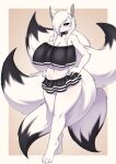 anthro big_breasts black_sclera blue_eyes breasts collar dipstick_tail domestic_cat felid feline felis female fur hair hands_on_hips hi_res isha_aito mammal markings multicolored_tail solo tail tail_markings tailzkim white_body white_fur white_hair