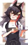  1girl :d absurdres alternate_costume animal_ear_fluff animal_ears apron badge black_apron black_choker black_hair border button_badge choker commentary_request cup flipped_hair glasses hair_between_eyes hair_ornament hairclip head_tilt highres holding holding_tray hololive light_blush long_hair looking_at_viewer multicolored_hair murasame_(sword_of_nmkr) ookami_mio open_mouth red-framed_eyewear red_streaks semi-rimless_eyewear shirt sidelocks sleeves_pushed_up smile solo spiked_hair streaked_hair teacup teeth translation_request tray twitter_username under-rim_eyewear upper_teeth_only very_long_hair virtual_youtuber white_border white_shirt wolf_ears wolf_girl yellow_eyes 