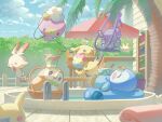  &gt;_&lt; basket closed_eyes cloud commentary_request cotton_candy day doughnut drifloon eating espurr food head_tilt highres holding ice_cream ice_cream_cone innertube milcery mokukitusui no_humans outdoors pichu pikachu piplup pokemon pokemon_(creature) pool pool_ladder rowlet scorbunny sky swim_ring table 