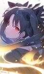  1girl black_hair black_ribbon blush chromatic_aberration closed_mouth dual_persona earrings ereshkigal_(fate) fate/grand_order fate_(series) floating_hair glowing glowing_hair highres hoop_earrings ishtar_(fate) jewelry long_hair looking_at_viewer looking_back nape orange_eyes red_eyes ribbon siino solo tiara transformation twintails 
