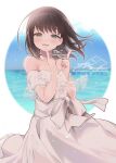  1girl anniversary bare_shoulders blush brown_hair dated dress fubuki_(anniversary)_(kancolle) fubuki_(kancolle) green_eyes half-closed_eyes index_finger_raised kantai_collection looking_at_viewer n:go open_mouth signature solo strapless strapless_dress twitter_username water white_dress 