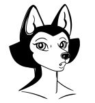 black_and_white black_body black_eyes black_fur black_nose canid canine canis fur gynomorph headshot_portrait hi_res intersex mammal monochrome portrait solo spoogie_(spoogiehowl) spoogiehowl white_body white_fur wolf