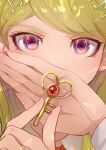  1girl absurdres ahoge akamatsu_kaede blonde_hair covering_own_mouth danganronpa_(series) danganronpa_v3:_killing_harmony hair_ornament heart highres holding holding_key key long_hair long_sleeves looking_at_viewer musical_note musical_note_hair_ornament shirt solo white_shirt youko-shima 