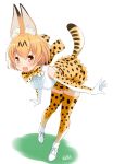  1girl animal_ears artist_name blonde_hair bow bowtie commentary elbow_gloves extra_ears gloves high-waist_skirt highres kemono_friends leaning_forward looking_at_viewer miniskirt open_mouth print_bow print_bowtie print_gloves print_thighhighs retsumaru serval_(kemono_friends) serval_print shirt shoes short_hair signature simple_background skirt sleeveless sleeveless_shirt smile solo standing tail thighhighs white_background white_footwear white_shirt yellow_bow yellow_bowtie yellow_eyes yellow_gloves yellow_skirt yellow_thighhighs 