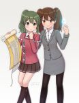  2girls black_pantyhose black_socks blush brown_eyes brown_hair brown_skirt business_suit collared_shirt cosplay costume_switch flat_chest flight_deck_scroll green_eyes green_hair grey_skirt highres igarashi_futaba_(shiromanta) igarashi_futaba_(shiromanta)_(cosplay) japanese_clothes kantai_collection kariginu konato_k long_hair long_sleeves magatama medium_hair miniskirt multiple_girls office_lady pantyhose pleated_skirt ponytail ryuujou_(kancolle) ryuujou_kai_ni_(kancolle) ryuujou_kai_ni_(kancolle)_(cosplay) senpai_ga_uzai_kouhai_no_hanashi shikigami shirt skirt skirt_suit smile socks suit trait_connection twintails white_shirt 