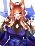  1girl ahoge animal_ear_fluff animal_ears bare_shoulders blue_eyes blue_kimono blush bodystocking breasts bridal_gauntlets cleavage double_fox_shadow_puppet fang fox_ears fox_girl fox_shadow_puppet highres japanese_clothes kimono large_breasts light_brown_hair long_hair looking_at_viewer milo1205 open_mouth original signature solo 