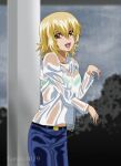  1girl artist_name blonde_hair bra cagalli_yula_athha denim fumiko_(mesushi) green_bra gundam gundam_seed gundam_seed_freedom jeans looking_at_viewer pants rain see-through shirt short_hair smile solo underwear wet wet_clothes white_shirt yellow_eyes 