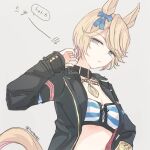  1girl alternate_hair_length alternate_hairstyle animal_ears bandeau black_coat blonde_hair blue_eyes bow breasts choker cleavage closed_mouth coat ear_bow frown gold_city_(umamusume) grey_background hand_up horse_ears horse_girl horse_tail inutose long_sleeves looking_at_viewer multicolored_nails open_clothes open_coat short_hair simple_background small_breasts solo tail twitter_username umamusume upper_body 