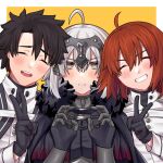  1boy 2girls ahoge akio_(akio1124) armor armored_dress black_cape black_dress black_gloves black_hair blush cape chain chaldea_uniform closed_eyes dress fate/grand_order fate_(series) fujimaru_ritsuka_(female) fujimaru_ritsuka_(female)_(decisive_battle_chaldea_uniform) fujimaru_ritsuka_(male) fujimaru_ritsuka_(male)_(decisive_battle_chaldea_uniform) fur-trimmed_cape fur_trim gauntlets gloves hair_between_eyes headpiece jacket jeanne_d&#039;arc_alter_(avenger)_(fate) jeanne_d&#039;arc_alter_(avenger)_(first_ascension)_(fate) jeanne_d&#039;arc_alter_(fate) long_sleeves looking_at_viewer multiple_girls official_alternate_costume open_mouth orange_hair short_hair smile v white_dress white_hair white_jacket yellow_eyes 