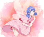  1girl blue_eyes blue_hair dress fairy fairy_wings happy highres light_blush looking_at_viewer marinette_dupain-cheng miraculous_ladybug pink_background pink_dress seio_(nao_miragggcc45) short_twintails smile solo teeth twintails wings wool 