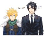  1782seta 2boys ? aged_down armor black_hair black_jacket black_necktie black_suit blonde_hair blue_eyes blue_shirt blush character_age closed_mouth cloud_strife collared_shirt final_fantasy final_fantasy_vii green_scarf hair_between_eyes highres jacket long_sleeves looking_at_another male_focus multiple_boys necktie red_eyes scarf shinra_infantry_uniform shirt short_hair shoulder_armor spiked_hair spoken_blush spoken_question_mark suit suit_jacket sweatdrop tie_clip upper_body vincent_valentine white_background white_shirt 