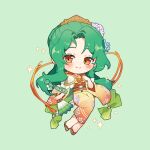  blush chibi chibi_only closed_mouth elincia_ridell_crimea elincia_ridell_crimea_(hoshidan_summer) english_commentary fire_emblem fire_emblem:_radiant_dawn fire_emblem_heroes green_background green_hair hand_fan holding holding_fan japanese_clothes kimono kyousa38 long_hair long_sleeves looking_at_viewer official_alternate_costume orange_eyes orange_kimono smile twitter_username wide_sleeves 