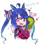  1girl ahoge animal_ears aqua_hair arm_up blue_hair bow character_name cropped_torso crossed_bangs hair_bow hands_up heterochromia hood hoodie horse_ears horse_girl long_hair long_sleeves looking_at_viewer multicolored_clothes multicolored_hair multicolored_hoodie open_mouth opepe00 paw_pose pink_eyes protected_link purple_eyes sharp_teeth sidelocks simple_background solo sparkle striped_bow teeth twin_turbo_(umamusume) twintails two-tone_hair umamusume upper_body upper_teeth_only white_background 