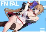  1girl adapted_costume animal arm_support bag barcode black_jacket black_thighhighs blonde_hair blue_eyes bow bowtie breasts character_name cleavage cropped_jacket crossed_legs detached_collar english_commentary fal_(girls&#039;_frontline) ferret girls&#039;_frontline hair_bow jacket leotard long_hair parted_lips playboy_bunny purple_bow red_bag red_bow red_bowtie shoukaki_(earthean) side_ponytail single_thighhigh stirring thighhighs white_leotard 