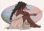  1girl absurdres ancient_greek_clothes barefoot border briseis_(mythology) brown_hair chiton dark-skinned_female dark_skin full_body grass greco-roman_clothes greek_mythology highres holding_wheat long_hair on_grass on_ground outdoors outside_border polartss round_border signature sitting solo the_song_of_achilles twilight wavy_hair wheat white_background 