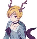 1girl antlers blonde_hair blue_shirt closed_mouth dragon_girl dragon_horns dragon_tail horns kicchou_yachie long_sleeves red_eyes shirt short_hair solo square_neckline tail touhou turtle_shell zounose 