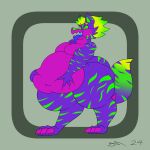 1:1 absurd_res anthro canid canine canis dirtymac domestic_dog fur green_eyes green_hair hair hi_res mammal open_mouth overweight overweight_anthro purple_body purple_fur striped_body striped_fur stripes weight_gain wolf