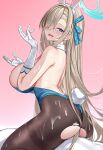 1boy 1girl animal_ears ass asuna_(blue_archive) asuna_(bunny)_(blue_archive) black_pantyhose blue_archive blue_eyes blue_leotard blush breasts bukkake cum cum_on_ass cum_on_body cum_on_breasts cum_on_clothes cum_on_hair cum_string detached_collar elbow_gloves facial fake_animal_ears girl_on_top gloves gradient_background hair_over_one_eye hair_ribbon halo hands_up hetero highleg highleg_leotard highres huge_breasts leotard light_brown_hair long_hair looking_back official_alternate_costume open_mouth pantyhose pink_background playboy_bunny rabbit_ears rapapa ribbon simple_background smile solo_focus strapless strapless_leotard thighband_pantyhose white_gloves 