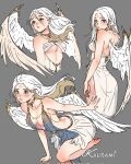  1girl angel angel_wings ass back backless_dress backless_outfit bare_arms bare_shoulders blue_eyes blush breasts closed_mouth collarbone dress highres kalisami1 long_hair looking_at_viewer looking_back multiple_views sideboob simple_background sleeveless solo standing underboob white_hair white_wings wings 