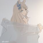  1girl animal_ears blonde_hair blue_eyes bow closed_mouth ear_bow gold_city_(umamusume) grey_background holding holding_towel horse_ears inutose long_hair looking_at_viewer looking_back nude see-through_silhouette smile solo standing towel twitter_username umamusume upper_body 