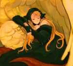  2girls absurdres bare_shoulders black_dress blonde_hair closed_eyes detached_sleeves dress dungeon_meshi ear_covers elf falin_touden falin_touden_(chimera) feathered_wings feathers highres long_hair marcille_donato marcille_donato_(lord) monster_girl multiple_girls neganjokes pointy_ears sleeping wings 