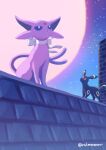  artist_name black_eyes blue_eyes closed_mouth colored_sclera espeon forehead_jewel forked_tail full_moon funahashi_(nkmmmmr) highres moon neck_ribbon night no_humans on_roof outdoors pokemon pokemon_(creature) purple_eyes purple_sclera red_sclera ribbon sidelocks sitting standing star_(sky) tail twitter_username umbreon white_ribbon 