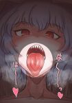  1girl blackstick128 blue_hair blush breath collarbone commentary_request completely_nude expressionless eyelashes glory_hole hat heart highres long_tongue looking_at_viewer mob_cap nude open_mouth portrait red_eyes remilia_scarlet sharp_teeth short_hair slit_pupils solo sound_effects teeth tongue tongue_out touhou translation_request uvula 