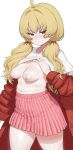  1girl ahoge blonde_hair blue_archive blush breasts brown_eyes closed_mouth clothes_lift highres jacket large_areolae lifted_by_self long_hair looking_at_viewer low_twintails maruko_tooto medium_breasts nipples off_shoulder pink_skirt puffy_nipples red_jacket sagging_breasts shirt shirt_lift simple_background skirt solo t-shirt twintails white_background white_shirt yoshimi_(band)_(blue_archive) yoshimi_(blue_archive) 