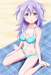  beach_towel bikini blue_bikini blush breasts cleavage error gakusen_toshi_asterisk hair_between_eyes highres lens_flare long_hair looking_at_viewer medium_breasts open_mouth purple_eyes purple_hair ryoumei50 sitting smile solo swimsuit toudou_kirin towel two_side_up wariza 