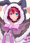 1girl :d absurdres animal_ears animal_hood black_choker blue_eyes blush bow capelet choker choppy_bangs dress fangs fur-trimmed_capelet fur-trimmed_hood fur_trim hands_up heterochromia highres hololive hololive_english hood hood_up hooded_capelet irys_(casualrys)_(hololive) irys_(hololive) kanadeho lace-trimmed_choker lace_trim looking_at_viewer multicolored_hair official_alternate_costume official_alternate_hairstyle pink_bow pointy_ears purple_eyes purple_hair rabbit_hood red_hair short_hair simple_background smile solo star-shaped_pupils star_(symbol) streaked_hair symbol-shaped_pupils upper_body virtual_youtuber white_background white_dress 