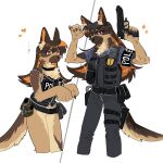  1girl animal_ear_fluff animal_ears arms_up black_hat black_pants black_vest body_fur bottomless brown_eyes brown_fur brown_hair claws closed_mouth colored_inner_hair commentary_request cropped_legs dog_ears dog_girl dog_tail furry furry_female gun handgun hat highres holding holding_gun holding_weapon long_hair looking_at_viewer multicolored_hair multiple_views orange_hair original pants paw_pose police police_uniform policewoman pouch rata_(norahasu) simple_background smile standing tail thigh_pouch uniform vest weapon white_background 