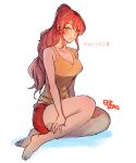  1girl :d barefoot breasts casual cleavage dolphin_shorts english_commentary full_body green_eyes large_breasts long_hair open_mouth ponytail pyrrha_nikos red_hair red_shorts rwby shirt shorts simple_background smile soles solo sora_(efr) very_long_hair white_background yellow_shirt 